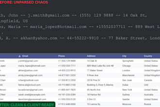do excel data cleaning, address parsing, and CRM list formatting