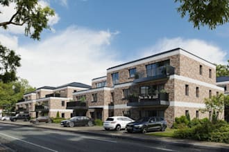 photorealistic 3d apartment rendering, house exterior, interior design, 2d plan