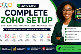 setup zoho CRM, zoho one, zoho books, creator, forms, desk and analytics
