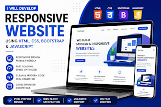 develop a responsive HTML CSS bootstrap javascript website