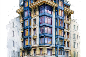 sketch architecture building with watercolor rendering