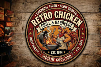 design a retro chicken grill and barbecue logo
