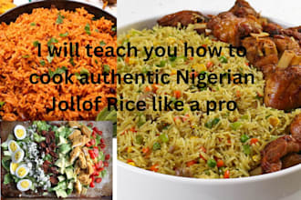cook delicious party jollof rice, fried chicken and fresh salad