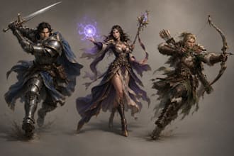 create 2d, 3d fantasy game character concept art with character expression sheet