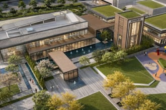design mini mall commercial park, courtyard landscape, real estate presentation