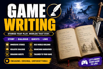 write immersive game stories, dialogue, quests, game description and lore