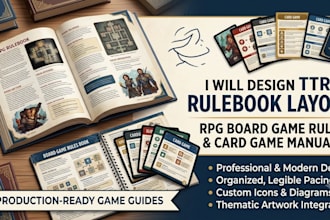 design ttrpg rulebook layout, rpg board game rules book and card game manual