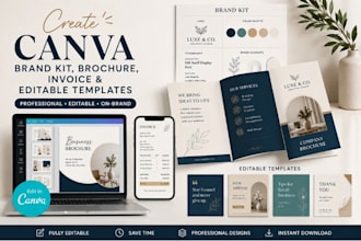 create canva brand kit, brochure, invoice and editable templates