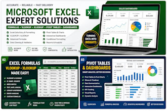 do microsoft excel work, formulas, vlookup, xlookup, pivot tables, and dashboard