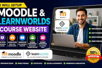 setup moodle and learnworlds course website, lms, course upload and curriculum