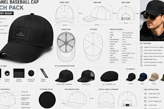 create cap tech pack, hat tech pack with techical drawing for manufacturing
