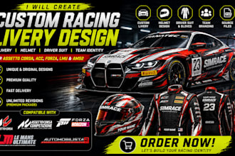 create custom assetto corsa, acc, forza livery, helmet, driver suit, lmu and ams
