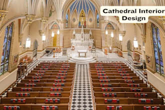 design cathedral interior, church stage, pulpit, choir area and seating order