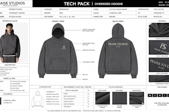 create fashion tech pack cad technical flat sketch 3d mockups for streetwear