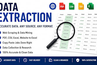 data extraction, web scraping, PDF to excel, and data mining