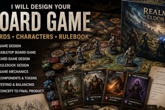 design your board game tabletop game, cards characters and rulebook