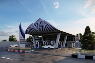 design 3d gas station, fuel station, car wash, store and car park