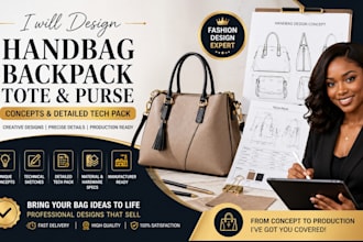 design handbag, backpack, tote, purse concepts and detailed tech pack