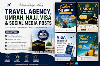 design professional travel agency, umrah hajj, visa and social media post