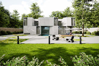create cgi luxury villa, concrete house,private residence, mansion estate render