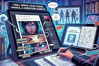 write a comic book script, manga script, webtoon, or graphic novel cartoon scrip
