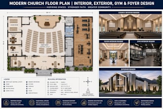 design church floor plan, gym, foyer, interior, exterior and 3d modeling