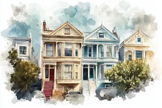 create a custom pen and watercolor house or building