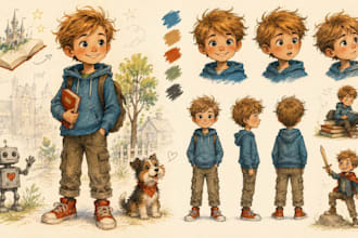 design whimsical children book character illustrations pose sheet for storybook