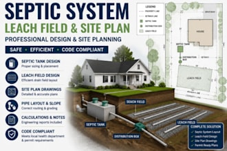 design septic tank, drain field calculations and site plan