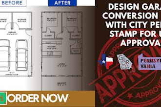 design garage conversion plan with city permit stamp for USA approval