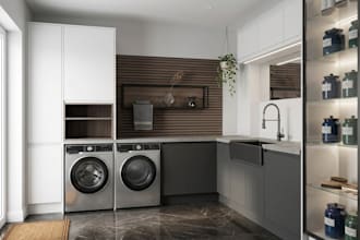 do modern laundry, gaming and home study interiors with realistic 3d rendering