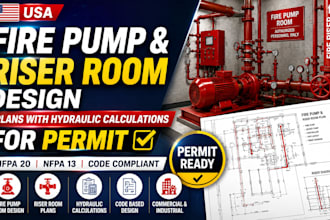 design USA fire pump and riser room plans with hydraulic calculations for permit