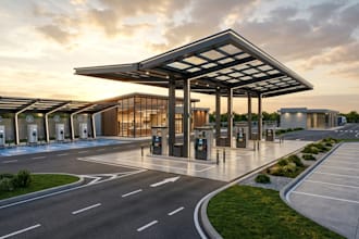 design 3d gas station, ev charging station, truck stop and service plaza