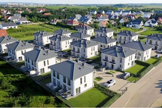 create 3d aerial rendering, modern suburban family home, residential communities