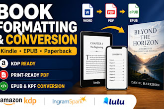 do book formatting, print ebook conversion, pdf to epub for amazon kindle