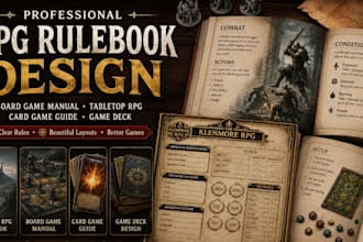 design rpg rulebook layout, board game manual, tabletop rpg and card game