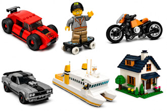 design detailed custom lego vehicles, houses, minifigures, bike, ship, and mocs