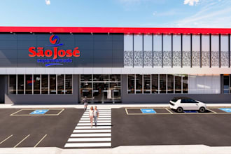 design modern 3d commercial building facade,  supermarket renders, acm cladding