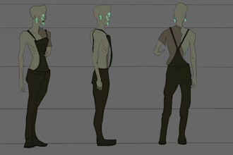 create a stylised 2d character design turn around sheet