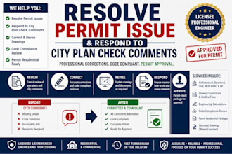 resolve permit issue and respond to city plan check comments
