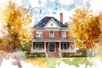 paint custom digital watercolor house, home