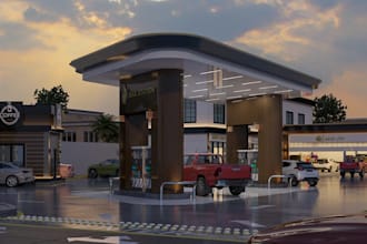 external3d gas station design,cgi supermarket render,car wash visual,parking lot