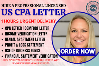 write US CPA letter, income letter CPA mortgage funds proof expense ratio letter