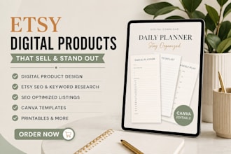create etsy digital products, etsy printables, canva templates and etsy listing