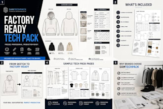 create factory ready streetwear active wear tech pack for clothing manufacturer