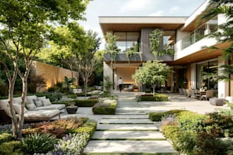 optimize 3d tropical modernism,terrace lounge,outdoor flow,garden design render