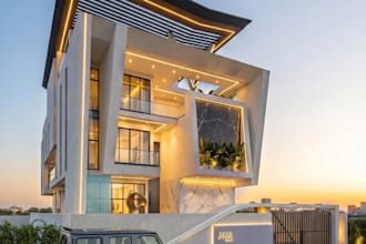 imagine stunning building design,exterior finishes,facade led lighting,3d villa