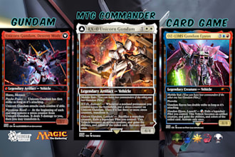 design custom gundam mtg card game, mtg edh commander game art, mecha tcg card
