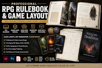 design rpg rulebook layout, board game manual, tabletop rpg, card game