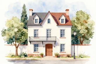 paint a watercolor house portrait or city space illustration